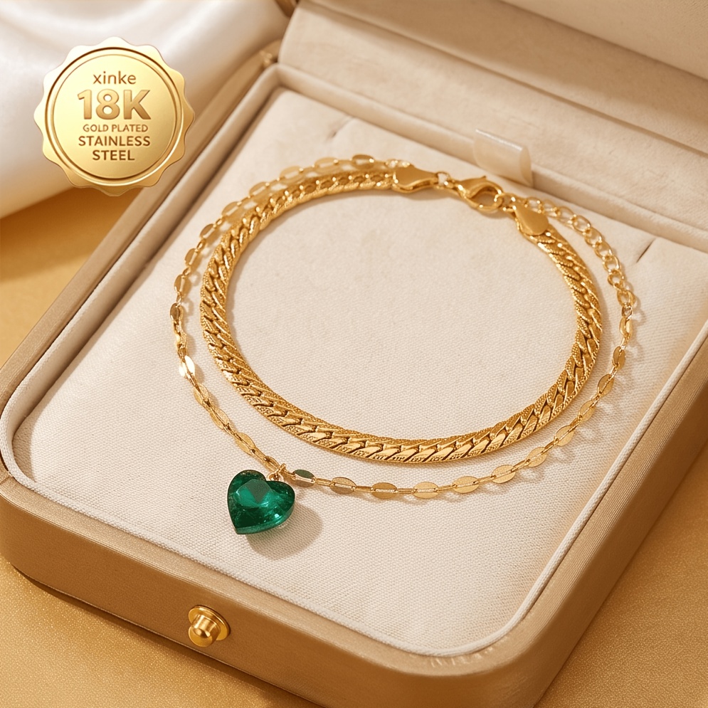 18K Golden Plated Side Chain & Lip Heart Bracelet Set